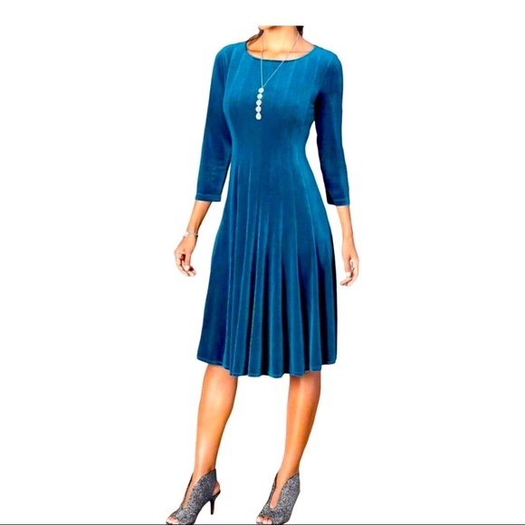 Midnight Velvet Teal Blue Stretchy Night Out Knee Length Office Party Dress - Picture 2 of 12